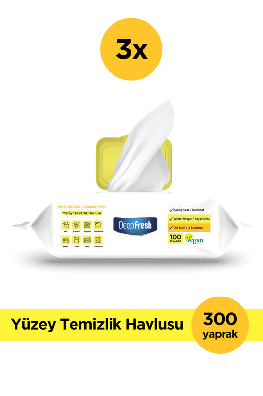 Deep Fresh İz Bırakmaz Yüzey Temizlik Havlusu 100 Yaprak 3 Adet | Limon Yağlı | Karbonat, Beyaz Sirke