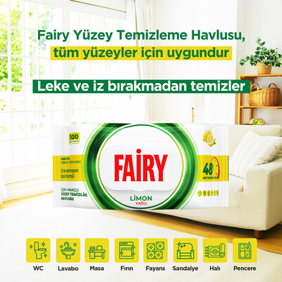 Fairy Çok Amaçlı Yüzey Temizleme Mendili 100 Yaprak 6 Adet | Limon Yağlı | Beyaz Sirke Karbonat - Thumbnail