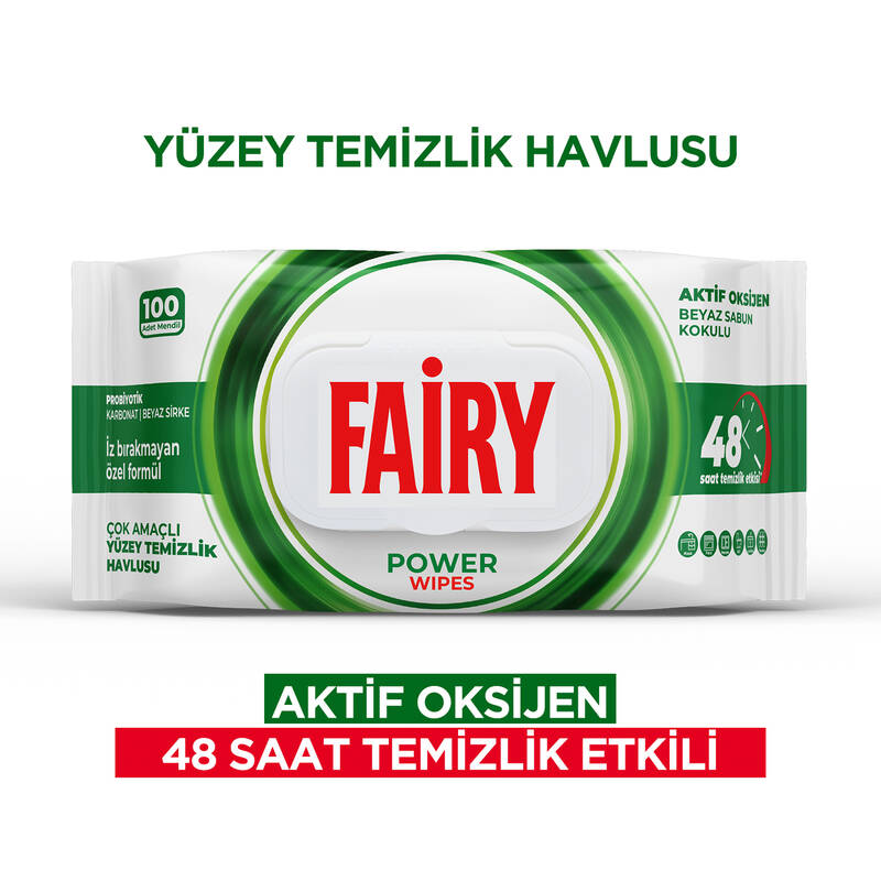 Fairy Power Yüzey Temizleme Mendili 100 Yaprak 6 Adet | Beyaz Sabun | Beyaz Sirke & Karbonat